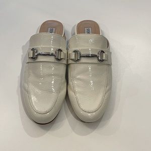 Steve Madden patent white mules